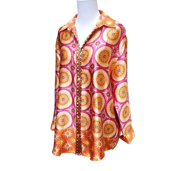 House of Harlow 1960 Button Down Tunic Top Shiny Retro Pink Orange Bold Sz M - Picture 6 of 14